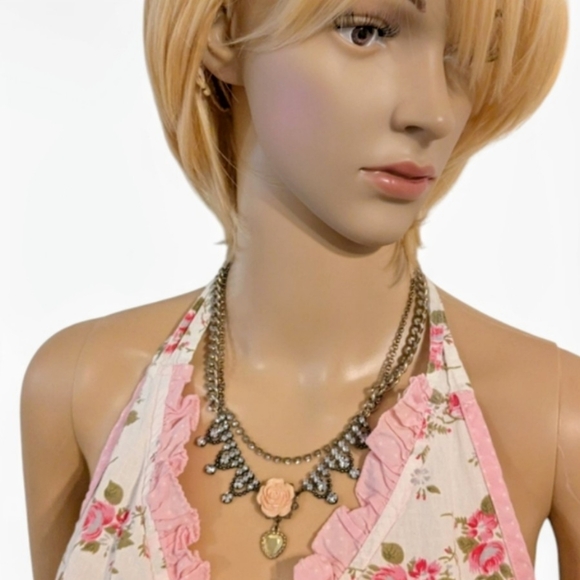 Vintage Betsey Johnson Iconic Collection Charm Rose Heart Necklace